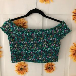 H&M Green Floral Shirred Off Shoulder Crop top S